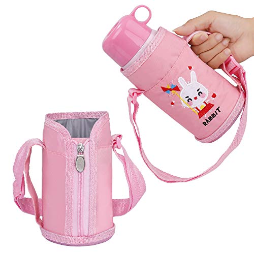 Botella Termo Agua para Niños con Bolsa para Viajar, Aislado al Vacío Botellas Agua Acero Inoxidable sin bpa con Paja, Termica a Prueba de Fugas para la Escuela y Deportes 550ml/ 15oz Rosado