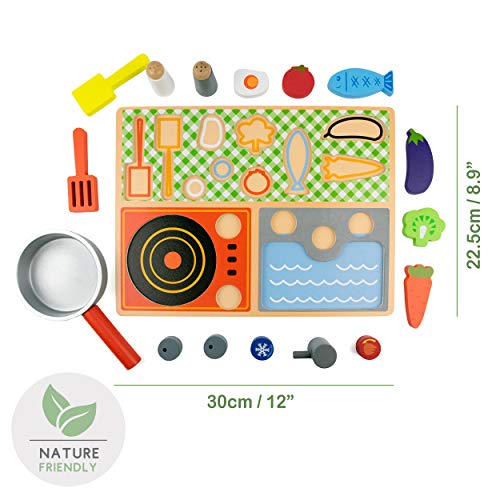 Budding Bear Set Cocinitas de Juguetes - Portátil para Niños y Niñas de 3+ Años - Puzzle Cocina Madera Juguete - Juego de Rol con 16 Piezas + Tablero Comida Madera - Set Cocina de Juguete
