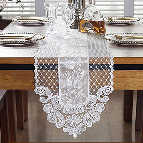 Camino de mesa de encaje, exquisito tejido de encaje con bordado vintage, hecho a mano, perfecto para decoración de bodas, cafés, fiestas 30 * 150cm blanco