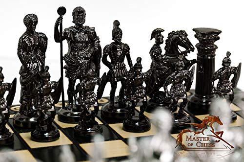CHROME SPARTAN Chess Set 16" Wooden Chess Board with Ornaments and Weighted Chrome Plastic Pieces (Spartan Silver)