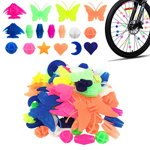 CKANDAY 133 piezas de abalorios para radios de rueda de bicicleta, coloridos abalorios de plástico para decoración de bicicletas, abalorios redondos para decoración de niños, colores y formas variados