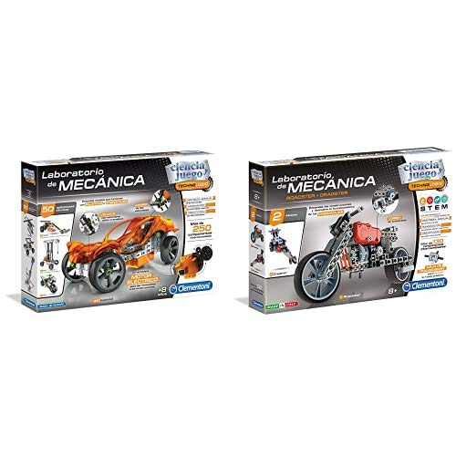 Clementoni- Laboratorio de Mecánica Motor Eléctrico, Multicolor, Miscelanea (55125.5) + Laboratorio de Mecánica Juguete, Roadster + Dragster, Multicolor (55157)