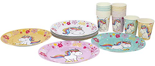 com-four® Juego de Vajilla para Fiesta Unicorn de 56 Piezas con Motivos de Unicornio para 24 Personas, Platos de Papel y Vasos de Papel para Niños (56 Piezas Amarillo / Rosa / Turquesa / Blanco)