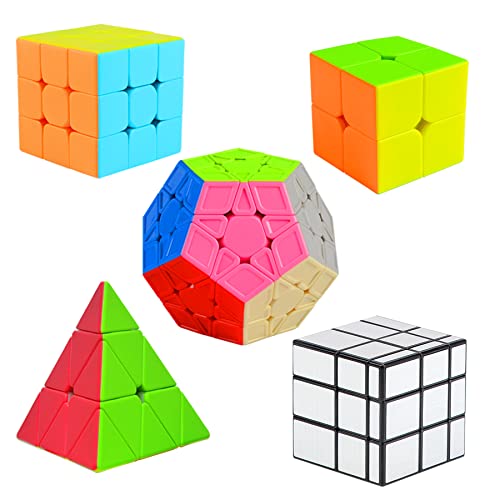 Cooja Cubos de Velocidad, 5 Piezas Speed Cube Set 2x2 + 3x3 + Pyraminx + Megaminx + Mirror Cube, Smooth Magic Cube Puzzle Durable Regalo de Juguetes para Niños Niñas