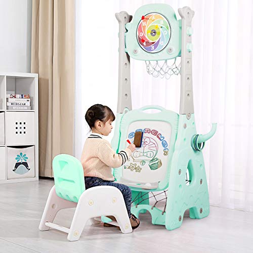 COSTWAY Centro Actividad para Niños con Taburete,Aro de Baloncesto Altura Ajustable,Portería de Fútbol, Juego de Lanzamiento, Golf, Tablero de Dibujo y Tablero de Dardos (Azul)