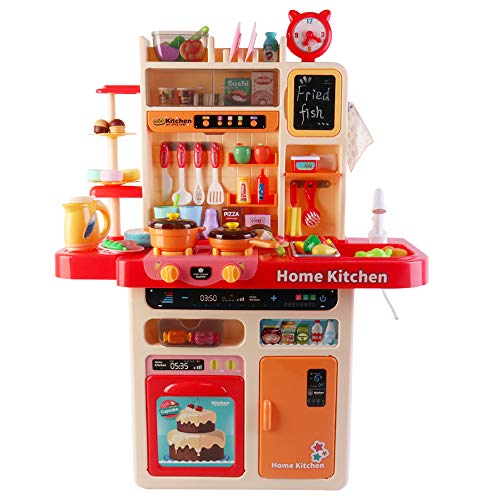 deAO Cocina de Juguete Mi Pequeño Chef con Luz y Sonidos, Grifo de Agua, Vapor, Panel Interactivo, Pizarra de Menú y Accesorios Que Cambian de Color y Más Incluidos (Rosa)