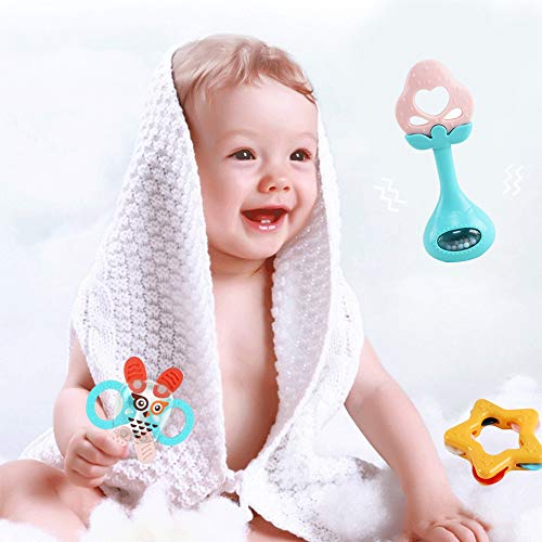deAO Conjunto de Sonajeros y Mordedores para Bebé con Diseño Adorable Juguete Sensorial para la Etapa de Dentición Fabricado con Materiales Suaves y Seguros Incluye Caja de Almacenamiento