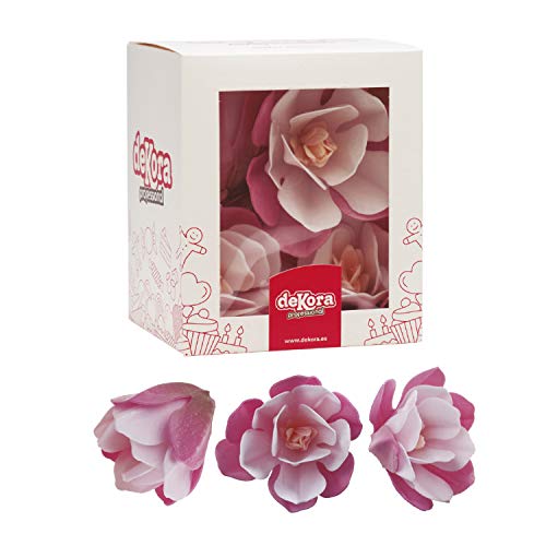 Dekora-6 Magnolias Comestible Decoración de Tartas de Cumpleaños Caseras Fácil para Obtener un Pastel con Flores-de Color Rosa de 6,5-7 cm, (126150)