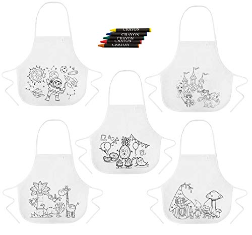 Delantales Infantiles para Colorear con 5 Ceras Dibujos Infantiles. Lote de 12 Unidades. Regalos para cumpleaños de niños. Detalles Infantiles para colegios, guardería, Ampas, Fiestas y Eventos.