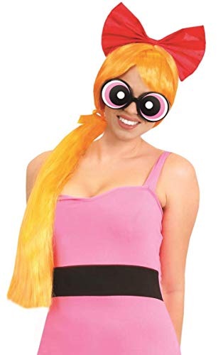 DISFRAZ OFICIAL DE POWERPUFF GIRLS BLOSSOM CON LICENCIA. TRAJE ICÓNICO DE PERSONAJE DE DIBUJOS ANIMADOS DE LOS 90 VESTIDO ROSA, MEDIAS BLANCAS, GAFAS ROSAS Y PELUCA. TALLA: MEDIANO