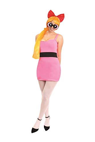 DISFRAZ OFICIAL DE POWERPUFF GIRLS BLOSSOM CON LICENCIA. TRAJE ICÓNICO DE PERSONAJE DE DIBUJOS ANIMADOS DE LOS 90 VESTIDO ROSA, MEDIAS BLANCAS, GAFAS ROSAS Y PELUCA. TALLA: MEDIANO