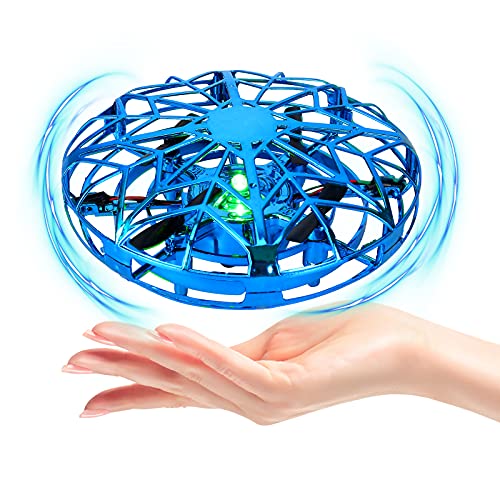 Dron para Niños Mini Drone UFO Flying,Mini Drone UFO para Niños,Drone LED operado a Mano, Flying Ball Juguetes con giratorias y Brillantes de 360 °de Luces LED Sensor de Infrarrojosy (Azul)