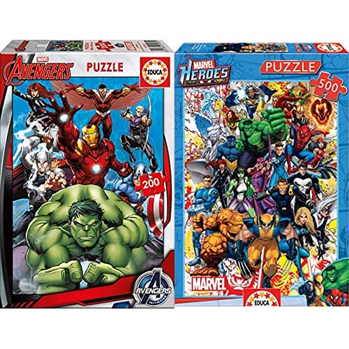 Educa Avengers, Puzzle Infantil De 200 Piezas, A Partir De 6 Años (15933) + Héroes Marvel Puzzle, 500 Piezas, Multicolor (15560)