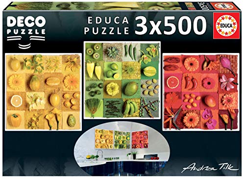 Educa Borras - Serie Deco, 3 puzzles de 500 piezas, Exotic fruits ans flowers, Andrea Tilk (18454)