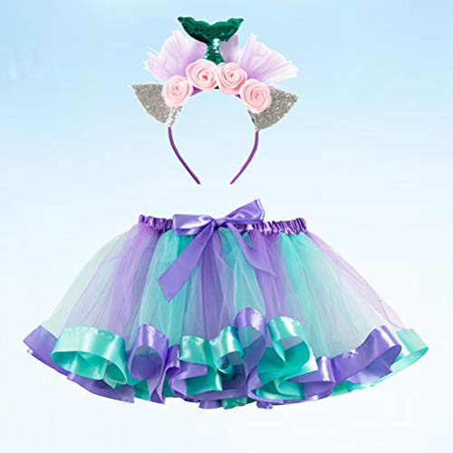 Fenical Disfraz de Sirena con falda de tul para niña y diadema con orejas, diadema cola de sirena con tul y flores para niña de 6 a 7 años (L)