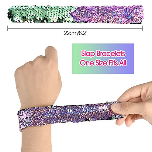 FEPITO 8 PCS Lentejuelas Pulseras de Sirena 2-Color Reversible Glitter Lentejuela Pulseras Slap Pulseras para niños Sirena Fiesta de cumpleaños Favorece Bolsa de Relleno (Colores aleatorios)