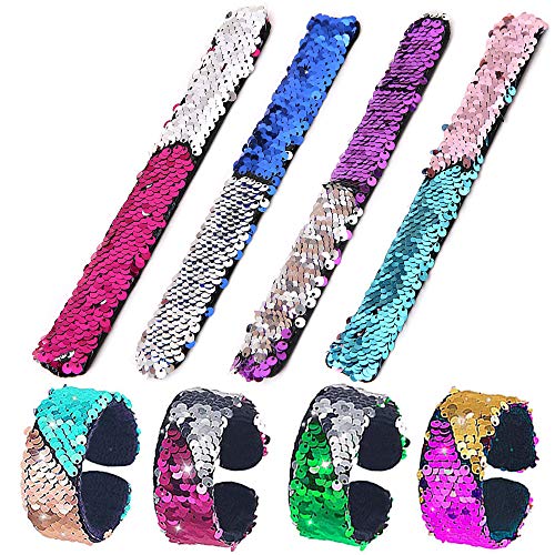FEPITO 8 PCS Lentejuelas Pulseras de Sirena 2-Color Reversible Glitter Lentejuela Pulseras Slap Pulseras para niños Sirena Fiesta de cumpleaños Favorece Bolsa de Relleno (Colores aleatorios)