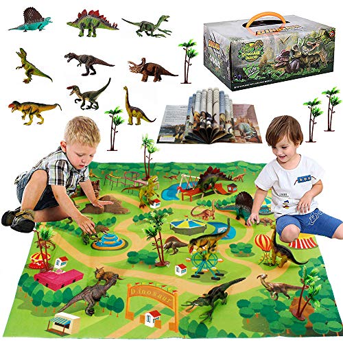Figura de juguete de dinosaurio con juego de actividades Mat & Trees, juego educativo desmontable y ensamblado para crear un mundo de dinosaurios realista que incluye T-Rex, Velociraptor, Triceratops