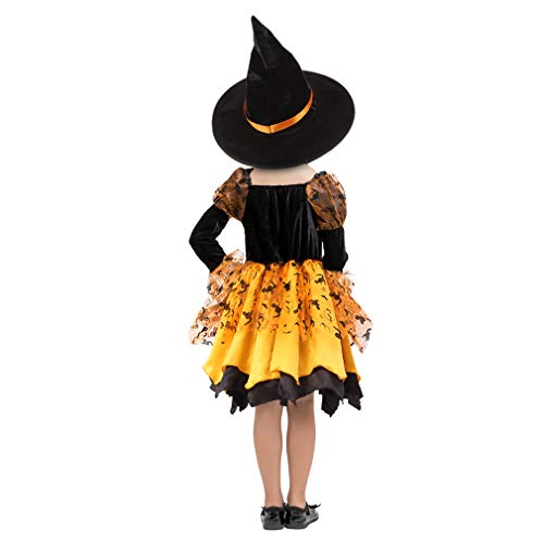 GEMVIE Disfraz infantil de bruja para Halloween, disfraz de carnaval, cosplay, vestido de bruja luminoso, sombrero de bruja + bolsa de azúcar + varita mágica de 7 a 9 años