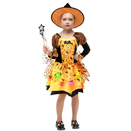 GEMVIE Disfraz infantil de bruja para Halloween, disfraz de carnaval, cosplay, vestido de bruja luminoso, sombrero de bruja + bolsa de azúcar + varita mágica de 7 a 9 años