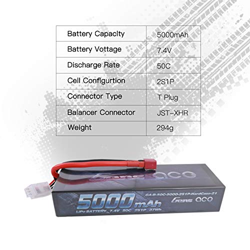 Gens ace B-50C-5000-2S1P-HARDCASE-24 - Batería de Lipo del Paquete 7.4V 5000mah 2S 50C, Batería/Pila Recargable