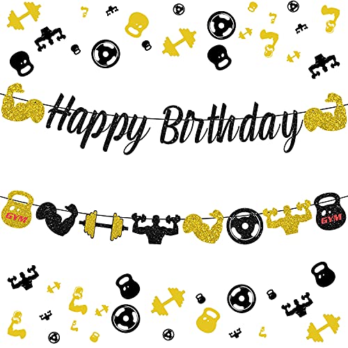 Gimnasio Feliz Cumpleaños Banner Glitter Negro y Oro Fitness Temed Banner de Cumpleaños para Hombres, Fitness Tema Decoraciones de Cumpleaños Levantamiento de Peso