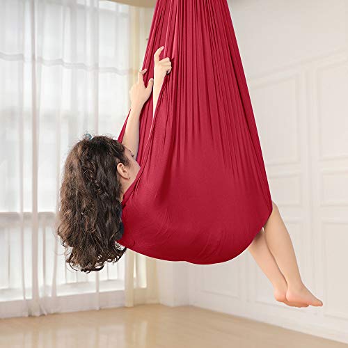 Hamaca para terapia de interior para niños, columpio de hamaca para niños y adultos, autismo, TDAH, Aspergers, integración sensorial con hardware de montaje para niños, yoga, volar (rojo, 1,5 metros)