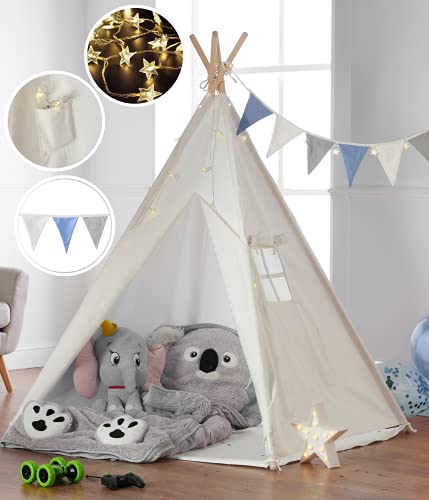 Haus Projekt Tienda Tipi para niños con Luces de Hadas, empavesado y Base Impermeable incluida - Tienda para Jugar e Imaginar, 100% algodón, para Interior / Exterior (Azul/Blanco) Certificado CE