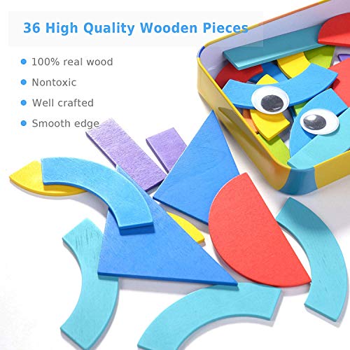 HellDoler Tangram Madera,Bloques de Madera Montessori Juguetes 36 Montessori Forma Geométrica Bloques de Patrones y 50 Piezas Tarjetas de Diseño