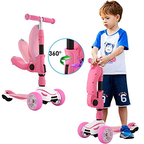 Hikole Patinete infantil con asiento plegable 2 en 1 con pedales de goma suaves y grandes ruedas iluminadas para niños y niñas más de 3 años
