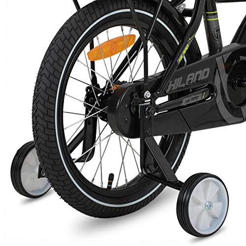 HILAND Bicicleta infantil de 18 pulgadas para niños a partir de 5 años, con asiento trasero/portaequipajes, freno de mano y freno de contrapedal, color negro/verde