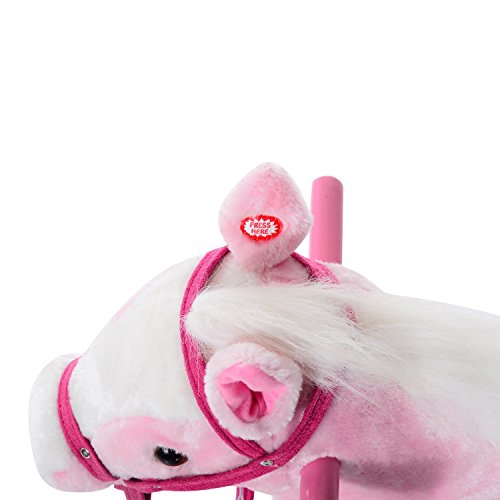 HOMCOM Caballito Balancín Bebé Balancín Peluche Caballo Madera para Niños +3 Años con Sonidos 74x28x65cm Caballito Balancin de Peluche Niños 3 años Juguete Caballo Mecedora Madera Rosa
