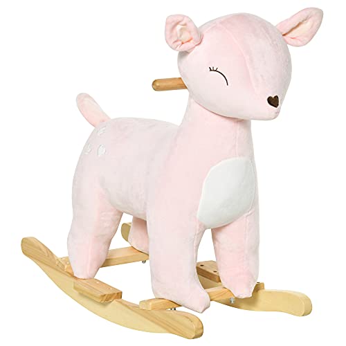 HOMCOM Caballito Balancín Forma de Ciervo para Niños de +3 Años Balancín Mecedora de Felpa con Sonidos y Base de Madera 68x35,5x64 cm Rosa