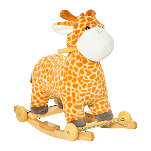 HOMCOM Caballito Balancín Infantil en Forma de Jirafa para Niños de +3 Años Balancín de Felpa 2 en 1 con Ruedas y Sonidos 63x38x63 cm Multicolor