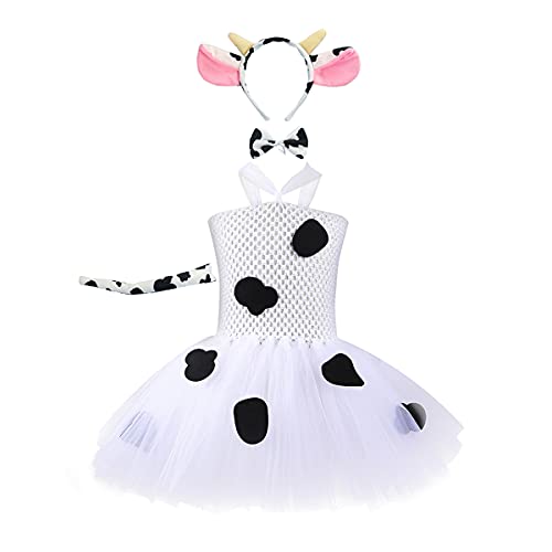 IWEMEK Bebés Niñas Dálmata Perro Manchado Vaca Disfraces Punto Vestido Princesa Tutú + Diadema Oreja + Cola 3D + Conjunto Accesorios Pajarita Trajes Fiesta Carnaval Halloween Vaca Blanca 10-12 años