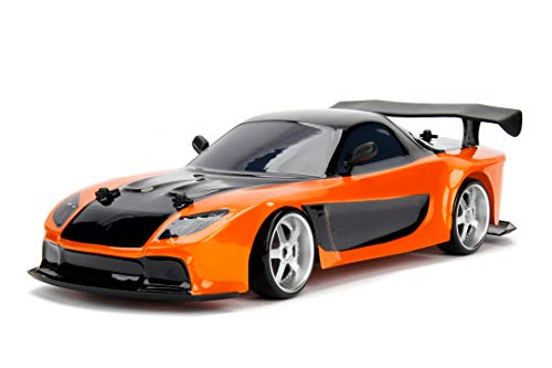 Jada Toys Fast & Furious RC Drift Mazda RX-7 - Coche teledirigido con Mando a Distancia, función de Drifting, 4 neumáticos de Repuesto, función de Carga USB, Incluye Pilas, Escala 1:10, Color Naranja