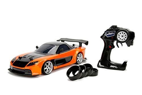 Jada Toys Fast & Furious RC Drift Mazda RX-7 - Coche teledirigido con Mando a Distancia, función de Drifting, 4 neumáticos de Repuesto, función de Carga USB, Incluye Pilas, Escala 1:10, Color Naranja