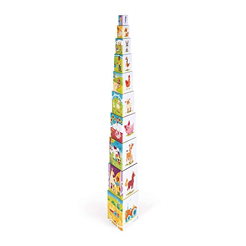 Janod - Pirámide Triangular la Vida En la Granja - Juguete de Estímulo para Bebés - Juguete para Apilar y Encajar Aprender Las Nociones de Tamaño y Los Números - A partir de 1 Año, J02651