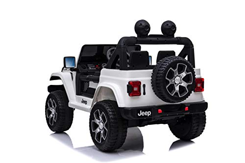 Jeep Wrangler Rubicon Coche eléctrico 4x4. El vehículo Dispone de 4 Motores de 12v - 35w. con Asiento de Cuero Puertas Que se abren con Control Remoto de 2.4 GHz Arranque Suave