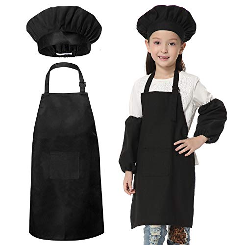 JLySHOP - Traje de chef para niños, conjunto de delantal, gorro y manguitos para niños, disfraz de chef ajustable para niños y niñas, ropa para cocinar y hornear, para niños de 4 a 15 años