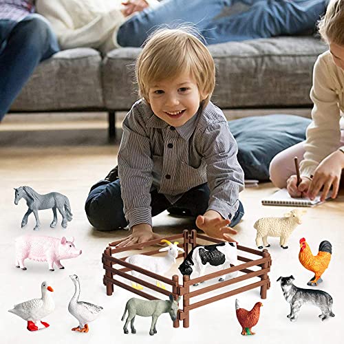 Jooheli Animales de Granja, 12 Piezas Juguetes Animales, Figuras de Animales de Juguete con 16 Piezas Valla para Niños niñas Juguete Cognición Educativa Regalos