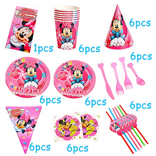 JPYH Set de Fiesta de cumpleaños de Mickey 60PCS Disney Mickey Mouse Party Decoration Set Platos Tazas Servilletas Pack de Fiesta reciclable Mickey Mantel Sirve para 6 Invitados