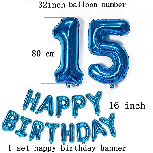 Juego de decoración para 15 cumpleaños de color azul para niños, juego de decoración para 15 cumpleaños, globos con diseño de número 15, color azul