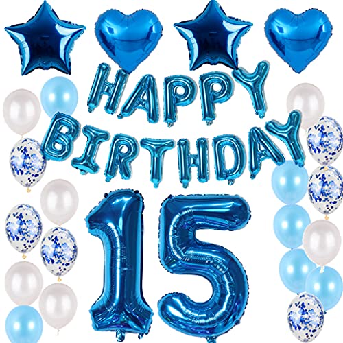 Juego de decoración para 15 cumpleaños de color azul para niños, juego de decoración para 15 cumpleaños, globos con diseño de número 15, color azul