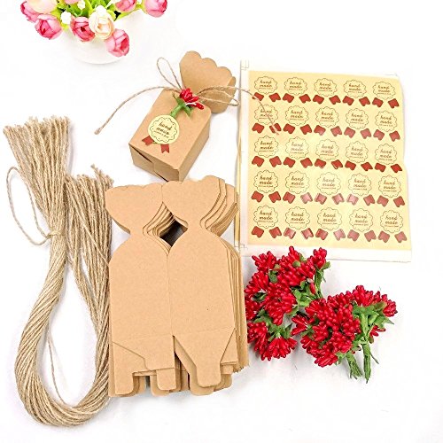 JZK 50 Cajas Favor Kraft con línea Yute + Flores + Pegatinas, Caja Dulces Caramelos Papel para Boda cumpleaños Navidad Baby Shower Fiesta graduación