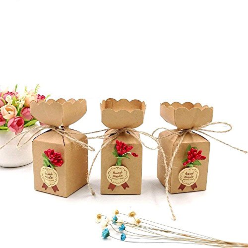 JZK 50 Cajas Favor Kraft con línea Yute + Flores + Pegatinas, Caja Dulces Caramelos Papel para Boda cumpleaños Navidad Baby Shower Fiesta graduación