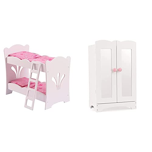 KidKraft Lil' Doll Armoire Armario de Madera Blanca con Perchas, Accesorio para Muebles de Dormitorio para muñecas de 45 cm (60132) + Lil' Doll Bunk Bed Litera de Madera con Ropa de Cama Rosa