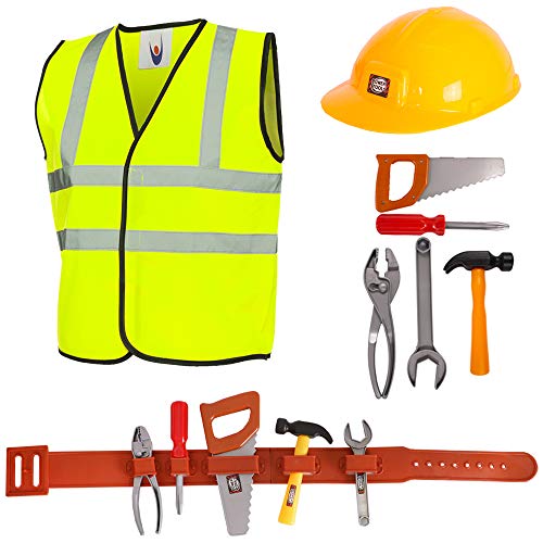Kit de Herramientas de Juguete para niños, 8 Piezas de construcción, con cinturón de Herramientas (5 Herramientas únicas), Disfraz de Trabajador de la construcción para niños y niñas (Mediano)