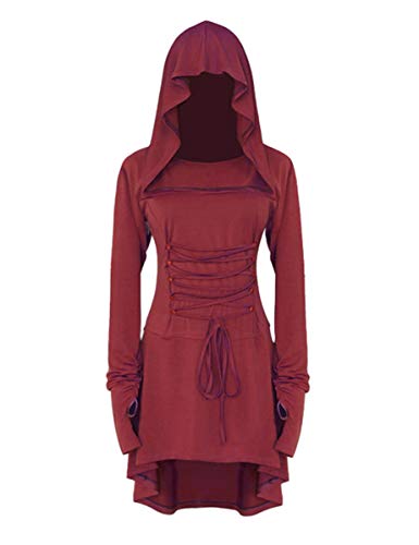 LATH.PIN Disfraz de mujer Cosplay para Halloween, Carnaval, partido con capucha, cinturón medieval, elástico, asimétrico, rojo, XL