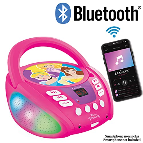 LEXIBOOK- Disney Princess-Reproductor de CD Bluetooth para niños-Portátil, Efectos de luz Multicolor, micrófono, Conector de Entrada Auxiliar, AC o Funciona con Pilas